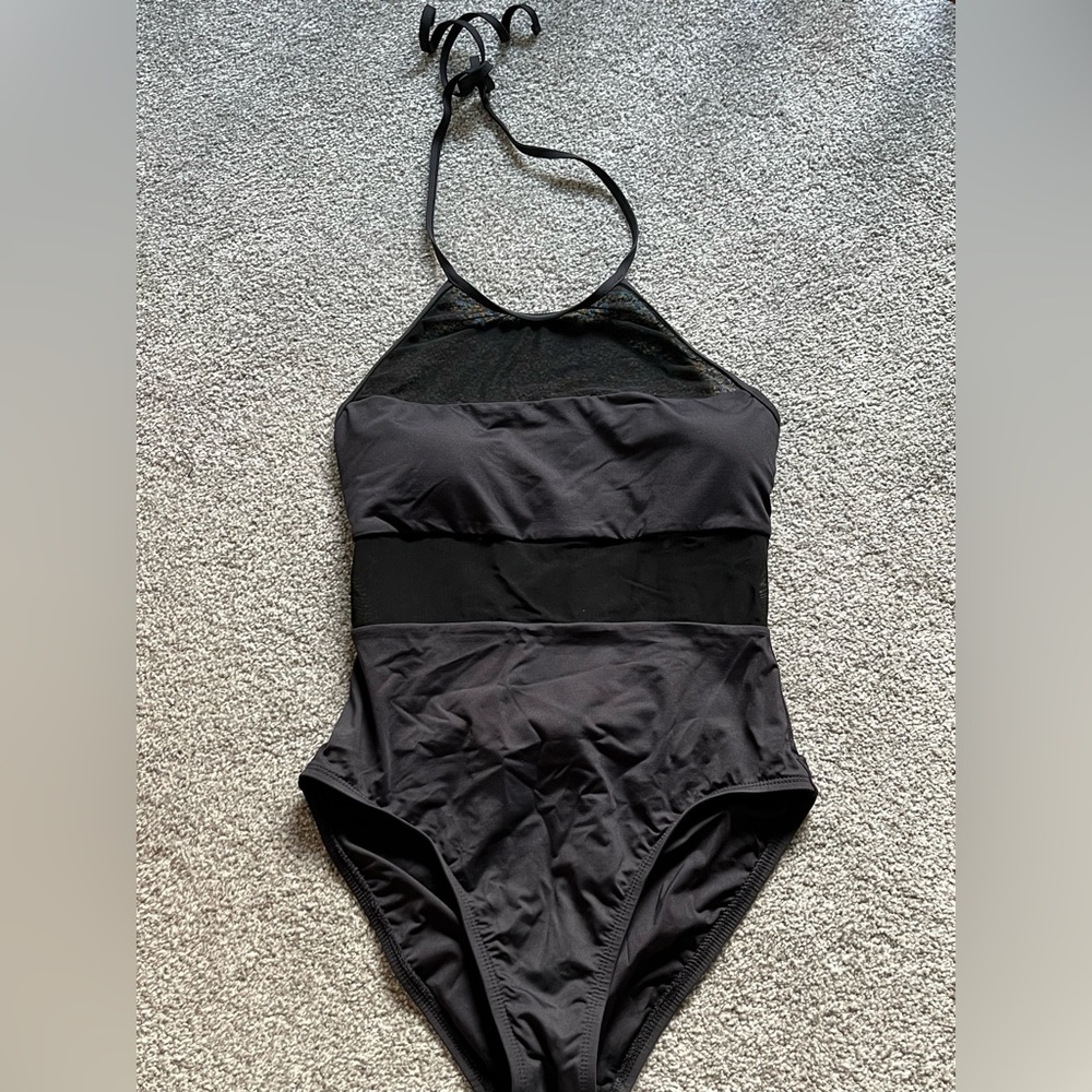 LA BLANCA Black Halter One Piece Mesh Swimsuit - Picture 2 of 12
